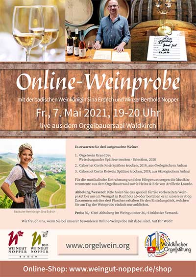 Online-Weinprobe mit der badischen Weinkönigin Sina Erdrich und Winzer Berthold Nopper